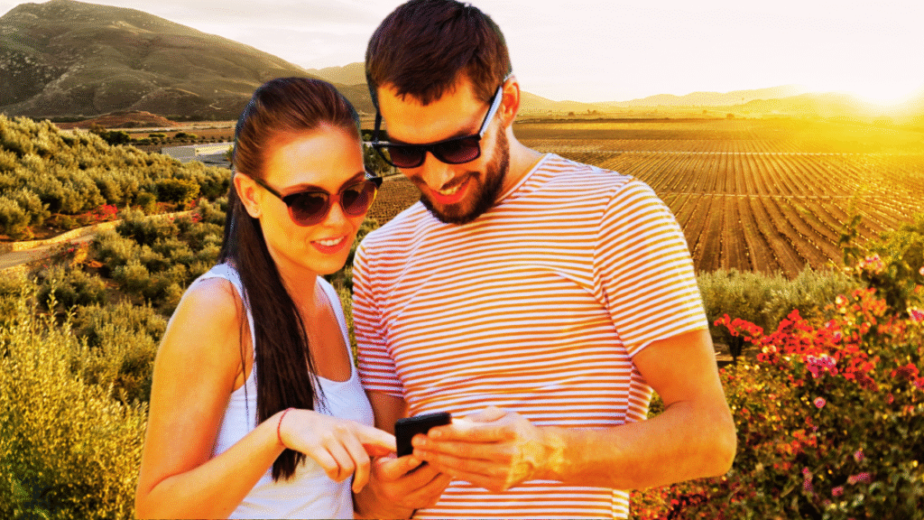 Smiling couple using smartphone to find exclusive Baja VIP Club deals and perks in Baja California